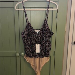WAYF Black Floral Bodysuit with Pink/Blue/Cream Accents